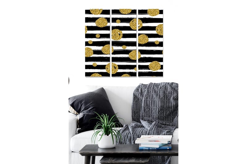 Puutaulu, 3-osainen, 50x70 cm - mustavalkoinen abstrakti sommitelma kultaisilla ympyröillä, Kulta / Musta / Valkoinen