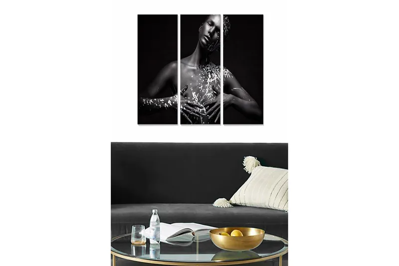 Puutaulu, 3-osainen, 50x70 cm - mustavalkoinen muotokuva naisesta, jolla on taiteellinen vartalomaalaus, Musta / Valkoinen