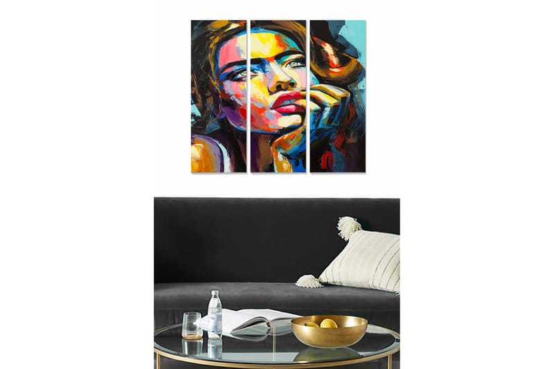 Puutaulu, 3-osainen, 50x70 cm - Naisen muotokuva ilmeikkäillä piirteillä ja voimakkailla väreillä, Punainen / Sininen / Keltainen