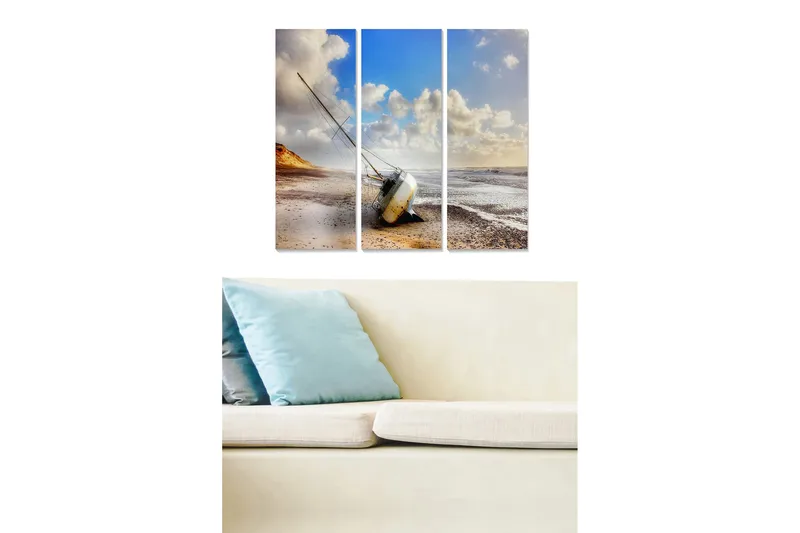 Puutaulu, 3-osainen, 50x70 cm - Rantamaisema ja karille ajautunut vene, Sininen / Beige / Valkoinen