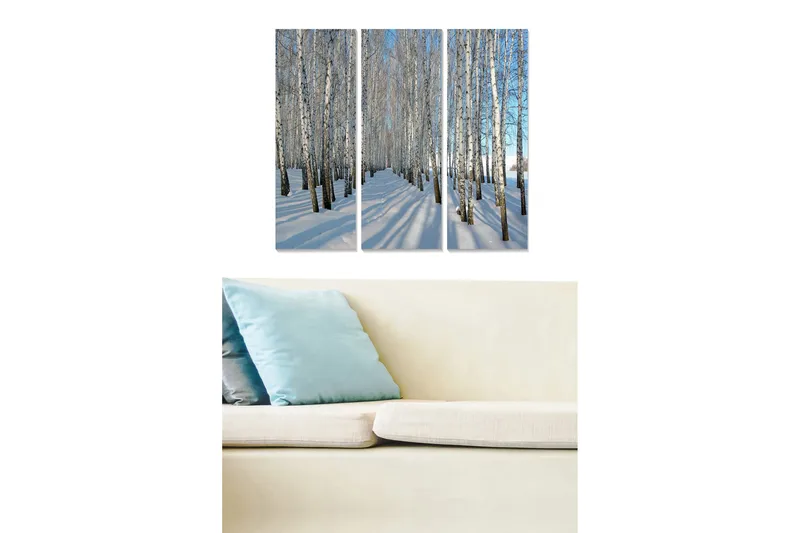 Puutaulu, 3-osainen, 50x70 cm - Talvimaisema koivuilla lumessa, Valkoinen / Sininen