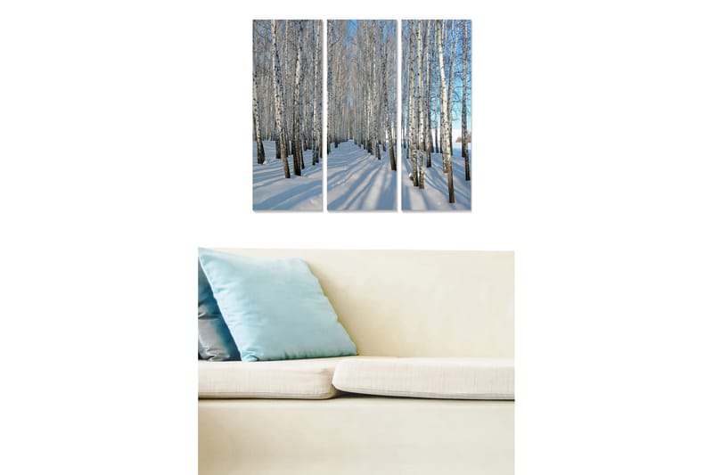 Puutaulu, 3-osainen, 50x70 cm - Talvimaisema koivujen kanssa lumisessa ympäristössä, Valkoinen / Sininen / Musta