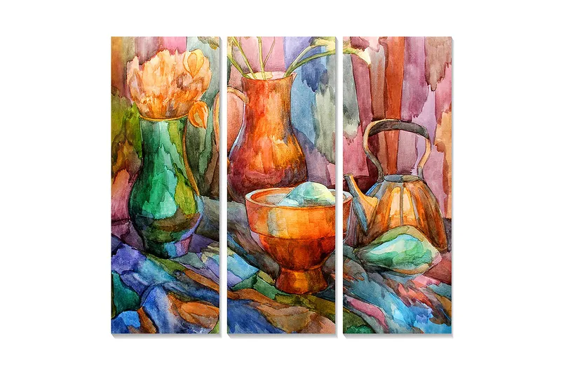 Puutaulu, 3-osainen, 50x70 cm - Värikäs asetelma kukilla ja keraamisilla esineillä, Vihreä / Oranssi / Sininen