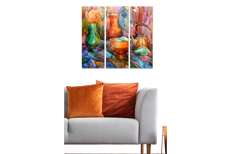 Puutaulu, 3-osainen, 50x70 cm - Värikäs asetelma kukilla ja keraamisilla esineillä - Vihreä / Oranssi / Sininen - Sisustustuotteet - Taulu & taide - Canvas-taulu