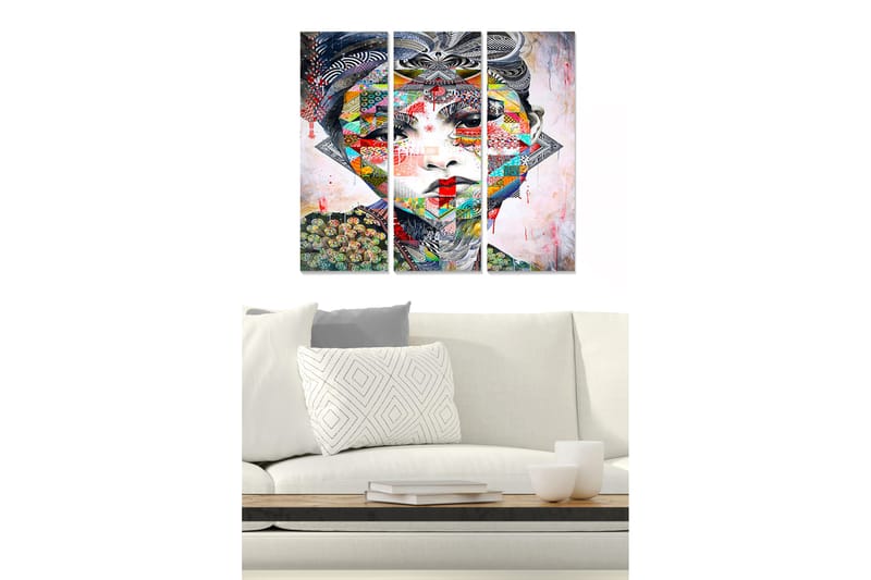 Puutaulu, 3-osainen, 50x70 cm - Värikäs ja geometrinen muotokuva naisesta, Punainen / Vihreä / Sininen