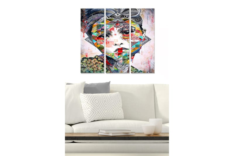 Puutaulu, 3-osainen, 50x70 cm - Värikäs ja geometrinen muotokuva naisesta, Punainen / Vihreä / Sininen