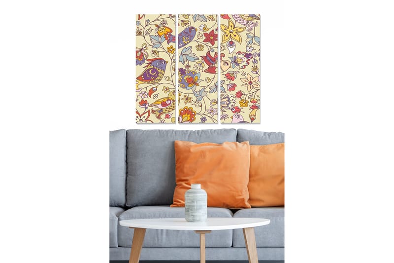 Puutaulu, 3-osainen, 50x70 cm - Värikäs kukka- ja lintuaiheinen sommitelma, Vaaleankeltainen / Punainen / Sininen