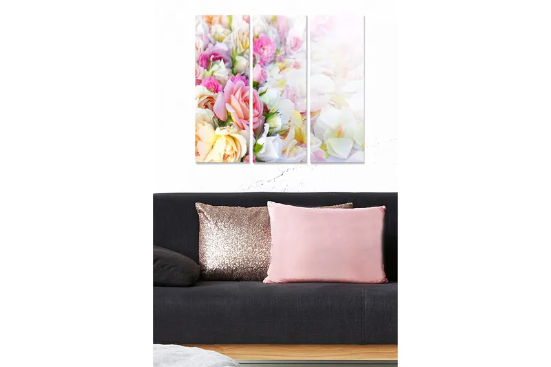 Puutaulu, 3-osainen, 50x70 cm - Värikäs kukkakimppu, Vaaleanpunainen / Keltainen / Valkoinen