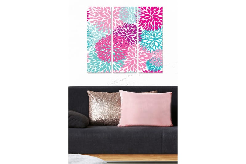 Puutaulu, 3-osainen, 50x70 cm - Värikäs kukkasommitelma eri sävyissä, Vaaleanpunainen / Turkoosi / Violetti