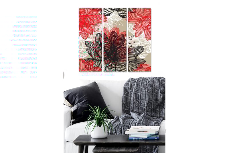 Puutaulu, 3-osainen, 50x70 cm - Värikäs kukkasommitelma eri sävyissä, Punainen / Musta / Beige