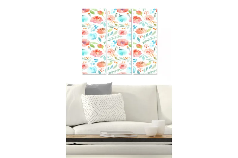 Puutaulu, 3-osainen, 50x70 cm - Värikäs kukkien ja lehtien sommitelma, Vaaleanpunainen / Sininen / Vihreä