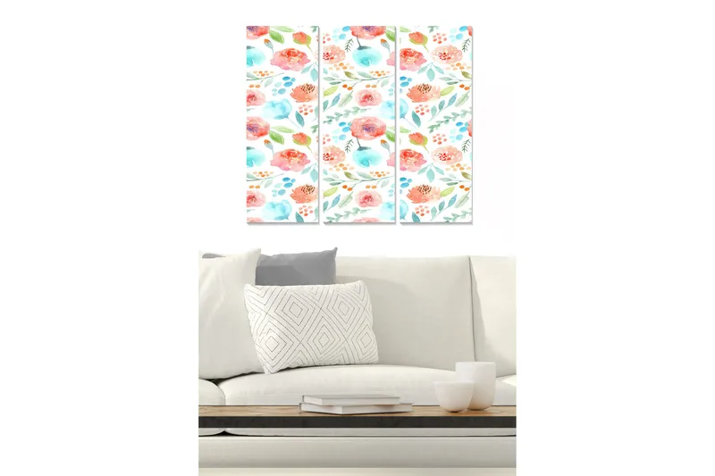 Puutaulu, 3-osainen, 50x70 cm - Värikäs kukkien ja lehtien sommitelma, Vaaleanpunainen / Sininen / Vihreä