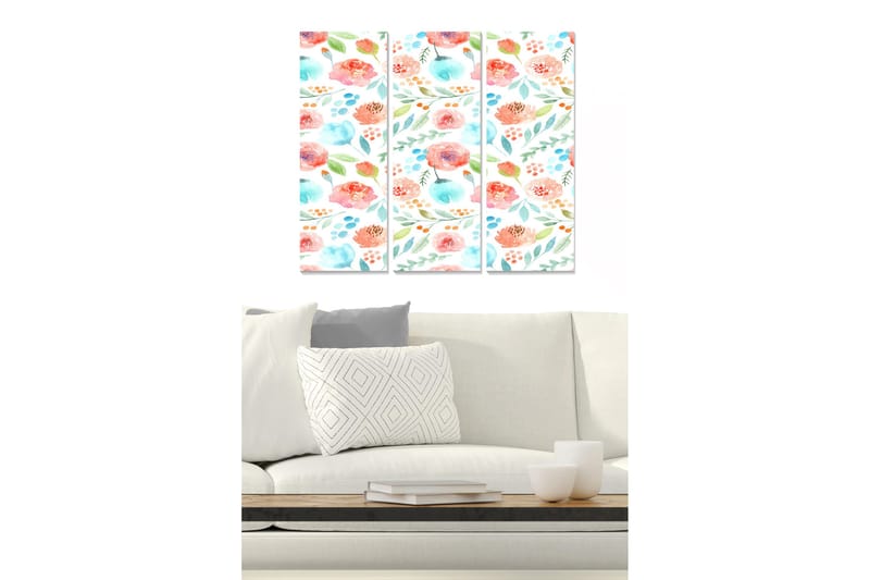 Puutaulu, 3-osainen, 50x70 cm - Värikäs kukkien ja lehtien sommitelma, Vaaleanpunainen / Sininen / Vihreä