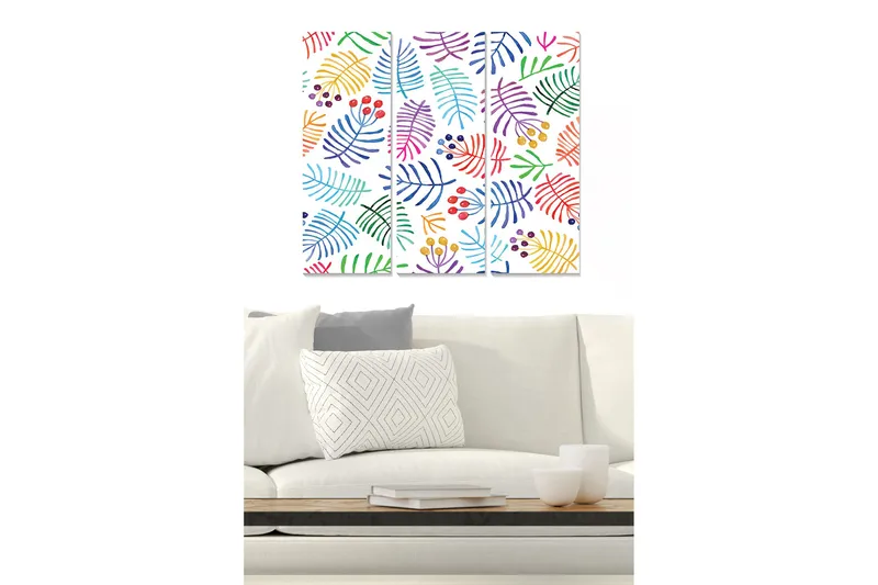 Puutaulu, 3-osainen, 50x70 cm - Värikäs lehtien ja marjojen sommitelma, Vihreä / Punainen / Violetti