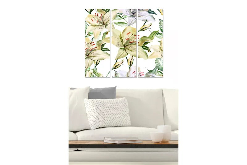 Puutaulu, 3-osainen, 50x70 cm - Värikäs liljojen ja vihreiden lehtien sommitelma, Vihreä / Valkoinen / Keltainen