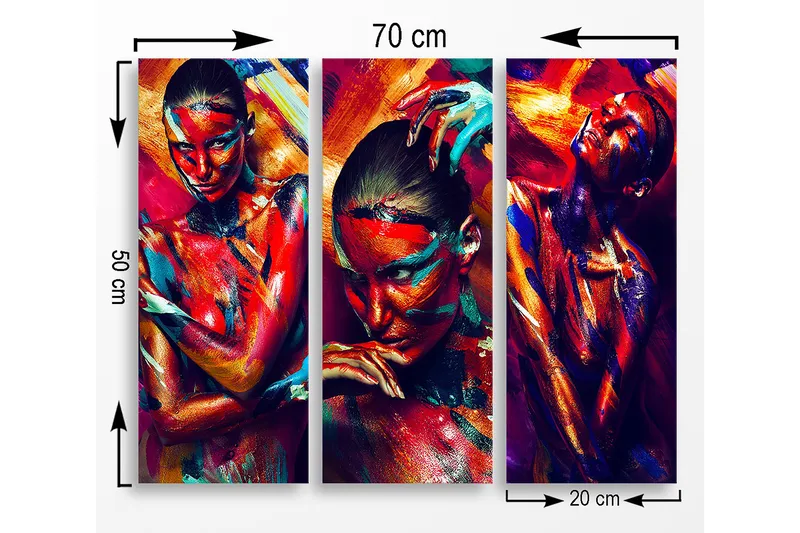 Puutaulu, 3-osainen, 50x70 cm - Värikäs muotokuvasarja ihmisistä ja ilmeikkäistä kasvomaalauksista - Punainen / Sininen / Oranssi - Sisustustuotteet - Taulu & taide - Canvas-taulu
