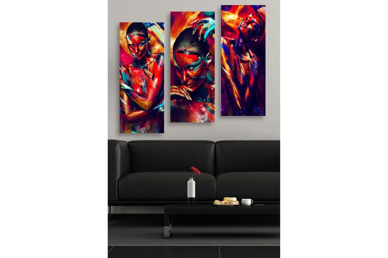 Puutaulu, 3-osainen, 50x70 cm - Värikäs muotokuvasarja ihmisistä ja ilmeikkäistä kasvomaalauksista, Punainen / Sininen / Oranssi