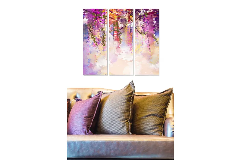 Puutaulu, 3-osainen, 50x70 cm - Värikäs sommitelma riippuvista kukista, Violetti / Vaaleanpunainen / Vihreä