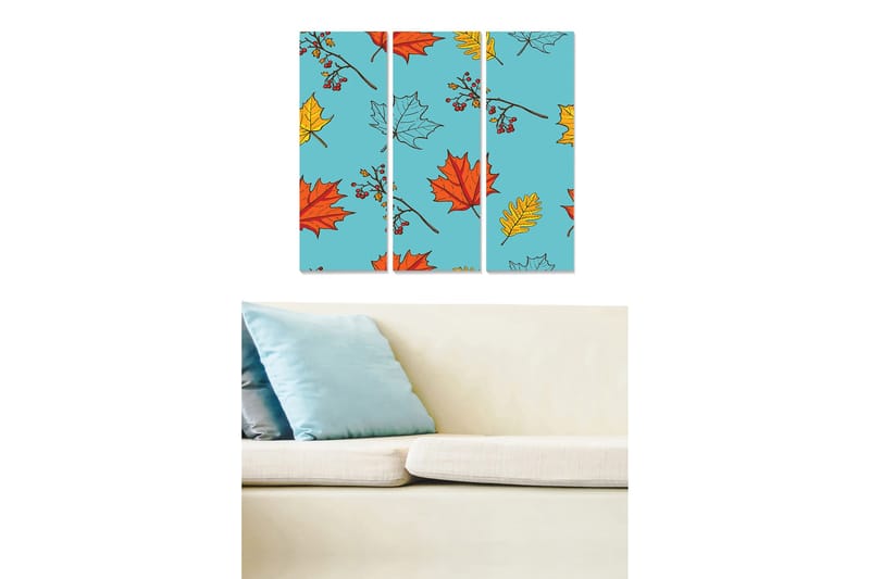 Puutaulu, 3-osainen, 50x70 cm - Värikäs syksynlehtien sommittelu sinisellä pohjalla, Sininen / Punainen / Keltainen