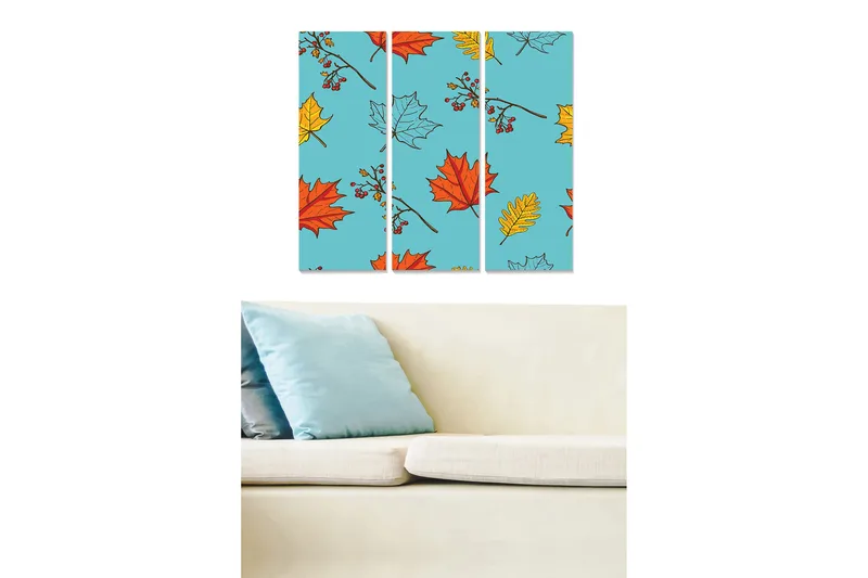 Puutaulu, 3-osainen, 50x70 cm - Värikäs syksynlehtien sommittelu sinisellä pohjalla, Sininen / Punainen / Keltainen