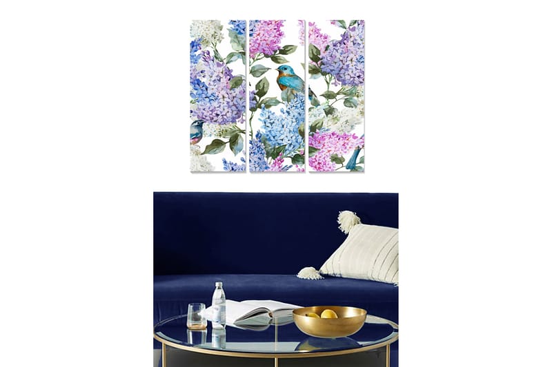 Puutaulu, 3-osainen, 50x70 cm - Värikäs syreenien ja lintujen sommitelma, Violetti / Sininen / Vihreä