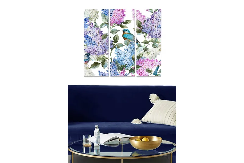 Puutaulu, 3-osainen, 50x70 cm - Värikäs syreenien ja lintujen sommitelma, Violetti / Sininen / Vihreä