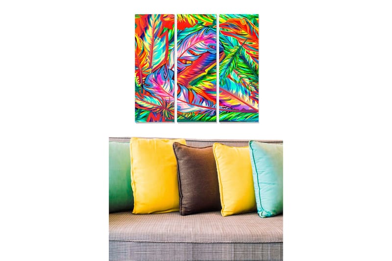 Puutaulu, 3-osainen, 50x70 cm - Värikäs trooppisten lehtien ja höyhenten sommitelma, Vihreä / Punainen / Sininen