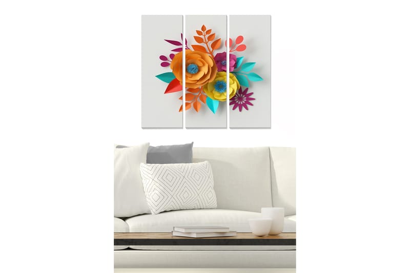 Puutaulu, 3-osainen, 50x70 cm - Värikäs paperikukkakimppu, Oranssi / Turkoosi / Violetti