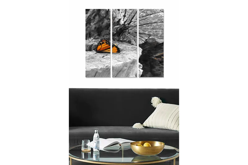 Puutaulu, 3-osainen, 50x70 cm - Värikäs perhonen harmaalla puupinnalla, Oranssi / Musta