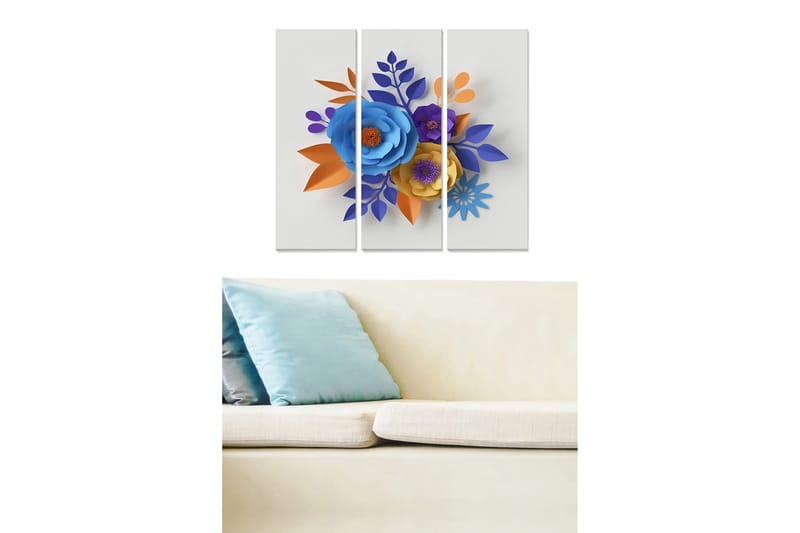 Puutaulu, 3-osainen, 50x70 cm - Värikäs paperikukkakimppu, Sininen / Oranssi / Violetti