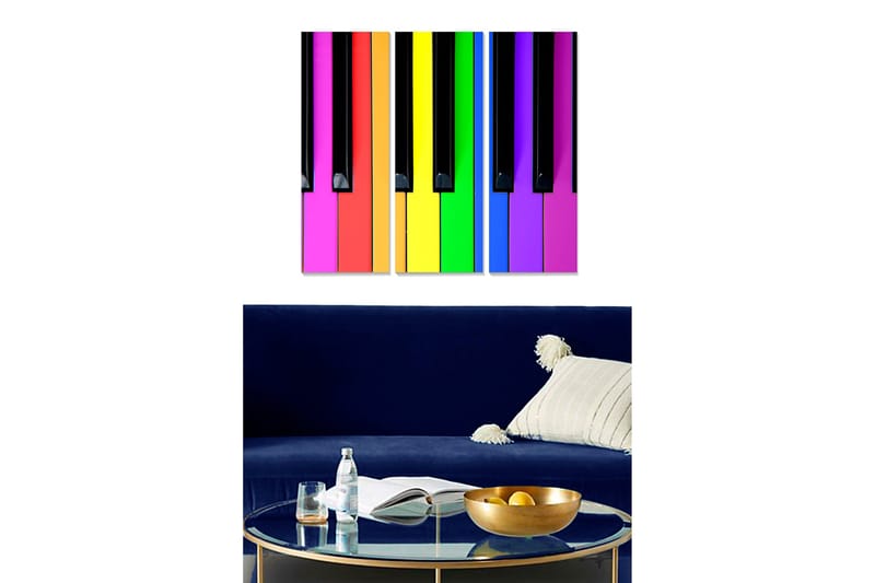 Puutaulu, 3-osainen, 50x70 cm - Värikäs pianonäppäinten sommitelma, Violetti / Keltainen / Vaaleanpunainen