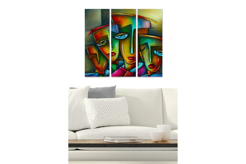 Puutaulu, 3-osainen, 50x70 cm - Värikkäät kasvot geometrisilla muodoilla, Punainen / Vihreä / Sininen