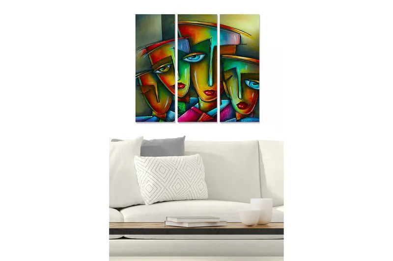 Puutaulu, 3-osainen, 50x70 cm - Värikkäät kasvot geometrisilla muodoilla, Punainen / Vihreä / Sininen
