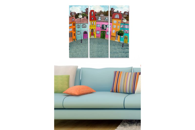Puutaulu, 3-osainen, 50x70 cm - Värikkäitä taloja kaupunkiympäristössä, Sininen / Oranssi / Vaaleanpunainen