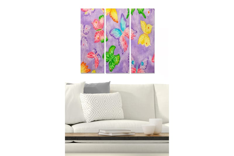 Puutaulu, 3-osainen, 50x70 cm - Värikkäitä perhosia violetilla pohjalla, Violetti / Vihreä / Vaaleanpunainen