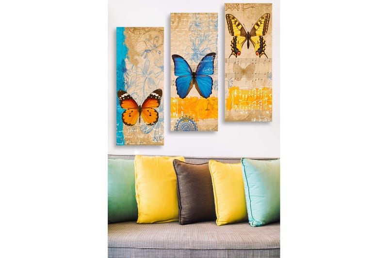 Puutaulu, 3-osainen, 50x70 cm - Värikkäitä perhosia taiteellisessa sommitelmassa, Sininen / Oranssi / Keltainen