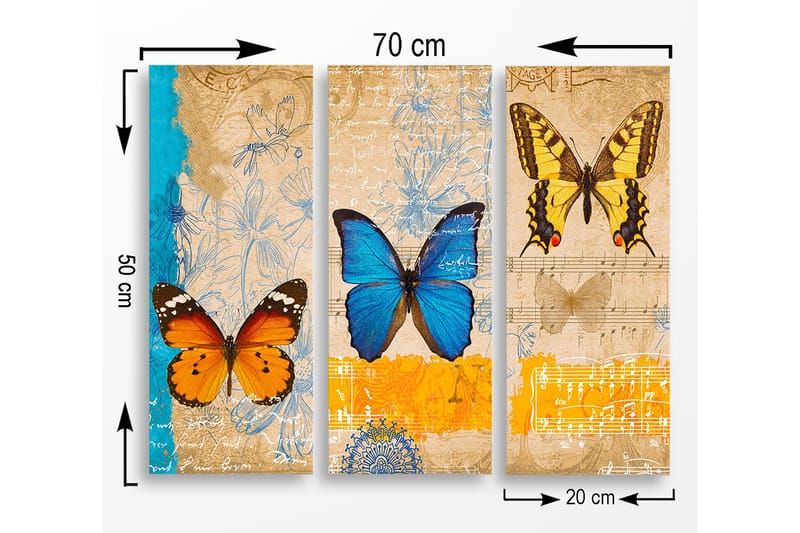 Puutaulu, 3-osainen, 50x70 cm - Värikkäitä perhosia taiteellisessa sommitelmassa - Sininen / Oranssi / Keltainen - Sisustustuotteet - Taulu & taide - Canvas-taulu