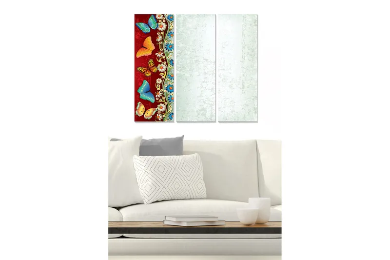 Puutaulu, 3-osainen, 50x70 cm - Värikkäitä perhosia punaisella pohjalla, Punainen / Sininen / Oranssi