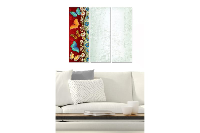 Puutaulu, 3-osainen, 50x70 cm - Värikkäitä perhosia punaisella pohjalla, Punainen / Sininen / Oranssi