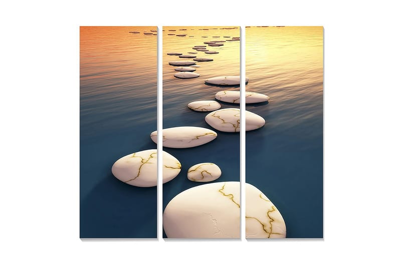 Puutaulu, 3-osainen, 50x70 cm - Päällystetty tie peilimäisten vesipintojen yli, Valkoinen / Sininen / Kulta