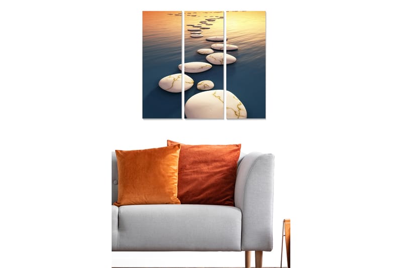 Puutaulu, 3-osainen, 50x70 cm - Päällystetty tie peilimäisten vesipintojen yli - Valkoinen / Sininen / Kulta - Sisustustuotteet - Taulu & taide - Canvas-taulu