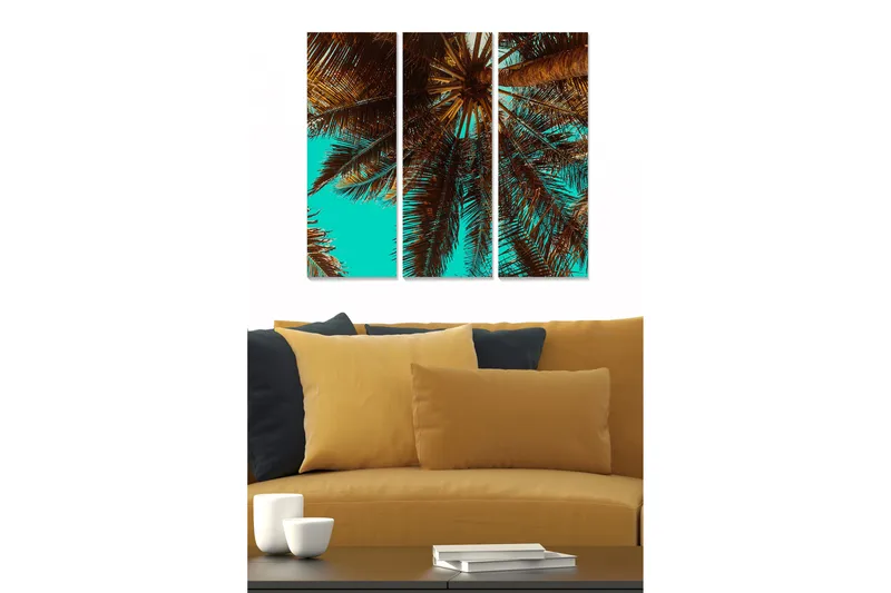 Puutaulu, 3-osainen, 50x70 cm - Palmunlehtiä kirkkaan taivaan alla, Turkoosi / Ruskea