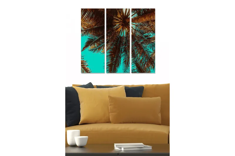 Puutaulu, 3-osainen, 50x70 cm - Palmunlehtiä kirkkaan taivaan alla, Turkoosi / Ruskea