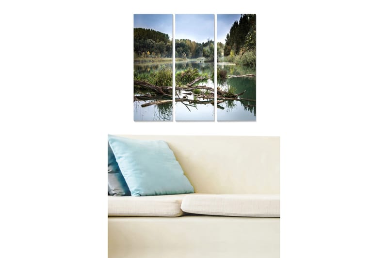 Puutaulu, 3-osainen, 50x70 cm - Peilimäisiä järvimaisemia puiden ja vehreyden kera, Vihreä / Sininen / Ruskea