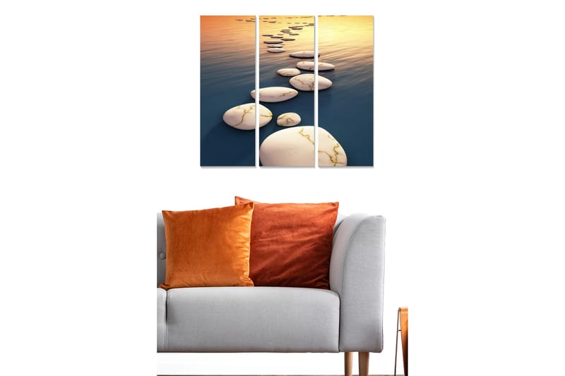 Puutaulu, 3-osainen, 50x70 cm - Päällystetty tie peilimäisten vesipintojen yli - Valkoinen / Sininen / Kulta - Sisustustuotteet - Taulu & taide - Canvas-taulu