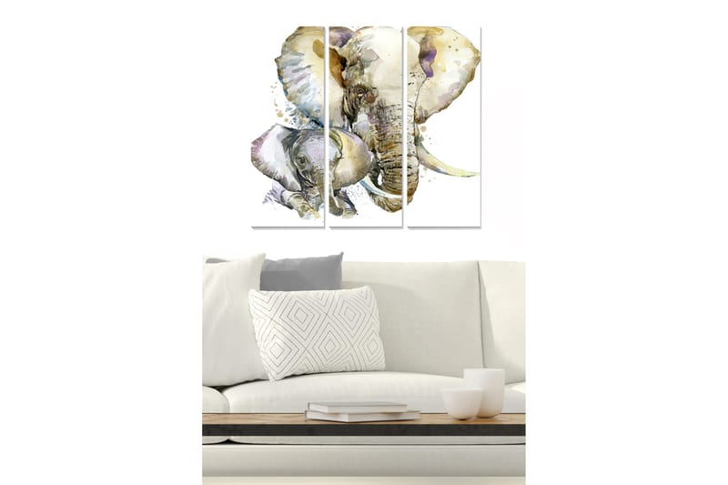 Puutaulu, 3-osainen, 50x70 cm - Pehmeästi maalattu norsun muotokuva vasikalla, Harmaa / Beige / Vaaleansininen