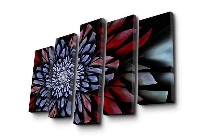 Suuri 5-osainen canvas-taulu, 105x70 cm - Abstrakti kukkakuosi spiraalimaisilla muodoilla, Tummanpunainen / Sininen / Musta