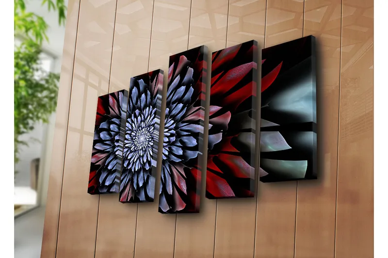 Suuri 5-osainen canvas-taulu, 105x70 cm - Abstrakti kukkakuosi spiraalimaisilla muodoilla - Tummanpunainen / Sininen / Musta - Sisustustuotteet - Taulu & taide - Canvas-taulu