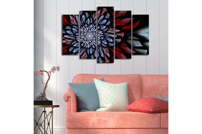 Suuri 5-osainen canvas-taulu, 105x70 cm - Abstrakti kukkakuosi spiraalimaisilla muodoilla - Tummanpunainen / Sininen / Musta - Sisustustuotteet - Taulu & taide - Canvas-taulu