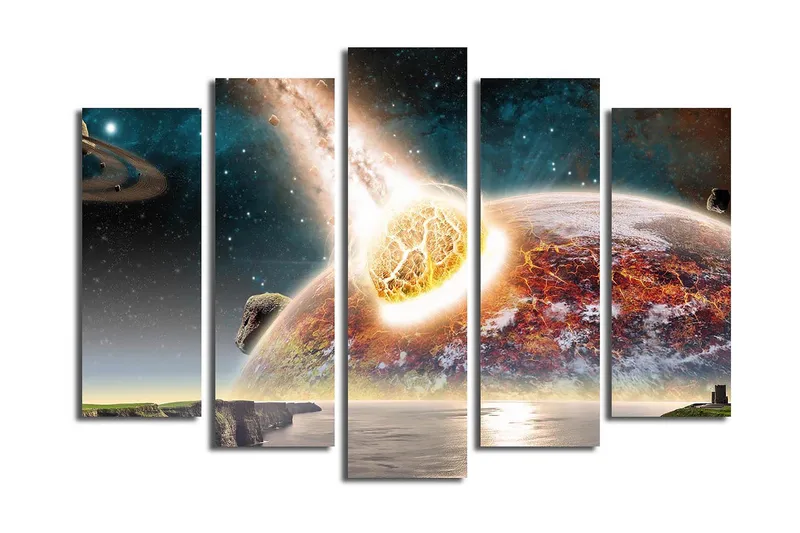 Suuri 5-osainen canvas-taulu, 105x70 cm - Apokalyptinen kohtaus, jossa meteoriitti osuu planeettaan, Oranssi / Sininen / Harmaa